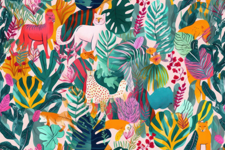 Seamless pattern tropical background, illustration of exotic summer leaf and plants in vivid colorful colors, flat lay. Generative AI.の素材