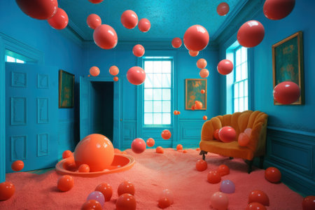 A vintage retro room filled and overflowing with orange painted colorful balls. Abstract interior design and decoration, muted colors. Generative AI.の素材