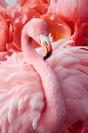 Abstract exotic pastel pink animal concept portrait, fresh Spring pastel pink fowers and tropical elegant flamingo. Generative AI.の素材