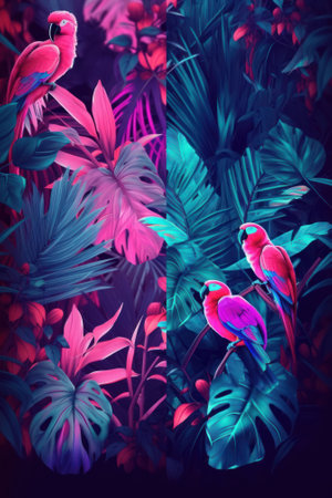 Tropical background exotic fresh neon lights Summer palm leaves, plants and parrot in vivid colorful neon colors, seamless illustration pattern. Generative AI.の素材