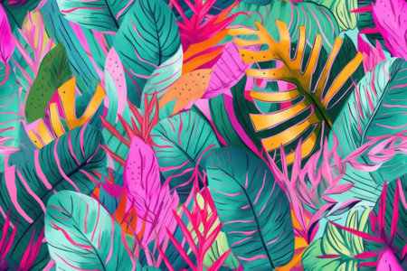 Seamless pattern tropical background, illustration of exotic summer leaf and plants in vivid colorful colors, flat lay. Generative AI.の素材