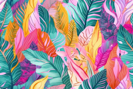 Seamless pattern tropical background, illustration of exotic summer leaf and plants in vivid colorful colors, flat lay. Generative AI.の素材