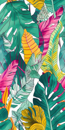 Seamless pattern tropical background, illustration of exotic summer leaf and plants in vivid colorful colors, flat lay. Generative AI.の素材