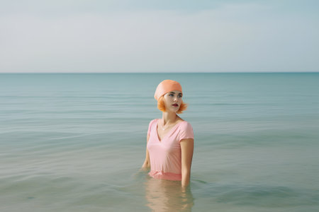Young beautiful modern fashion girl in retro styling, elegant woman standing in warm calm lake. Gloomy colors of water in the morning landscape. Generative AI.の素材