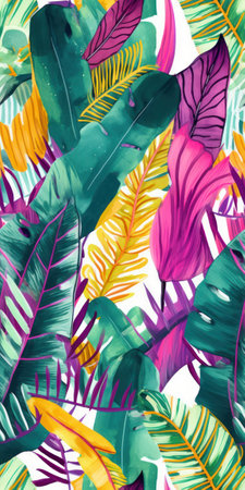 Seamless pattern tropical background, illustration of exotic summer leaf and plants in vivid colorful colors, flat lay. Generative AI.の素材