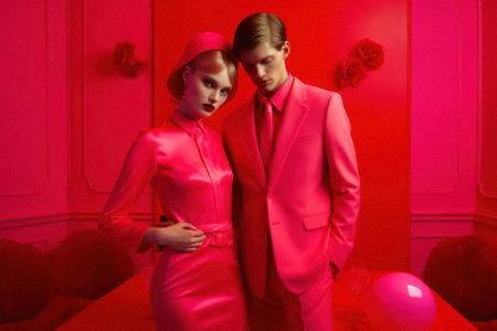 Fashionable fashion couple in love in elegant contemporary styling on vivid background, bright pink and yellow colors. A guy and a girl are posing as models. Generative AI.の素材