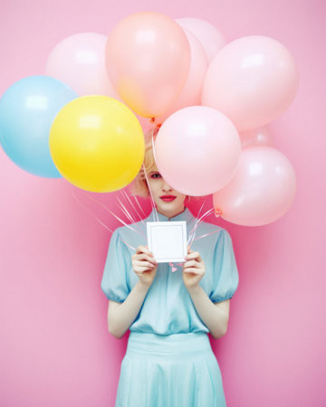 Beautiful girl who is happy and excited with bunch of helium balloons, colorful, surprise party on pastel pink background. Generative AI.の素材