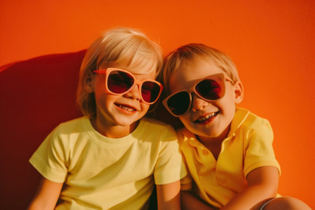 Funny portrait of little kids in summer styling with sunglasses, trendy kids ready for the beach. Modern bright vivid colors. Generative AI.の素材