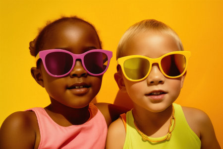 Funny portrait of little kids in summer styling with sunglasses, trendy kids ready for the beach. Modern bright vivid colors. Generative AI.の素材