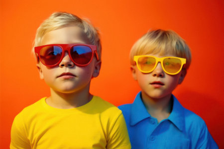 Funny portrait of little kids in summer styling with sunglasses, trendy kids ready for the beach. Modern bright vivid colors. Generative AI.の素材