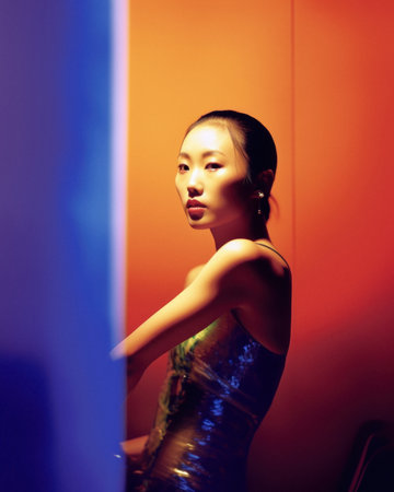 Modern futuristic portrait of a young attractive girl in a fashion outfit of vivid colors for a party and a night out. Dimmed light. Generative AI.の素材