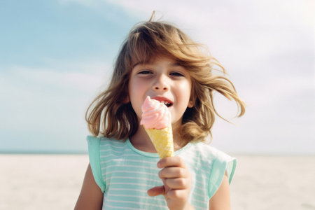 A sweet little child enjoying the summer sun, a delicious dessert, a melting ice cream cone. Summer refreshment and snacks on the beach. Generative AI.の素材