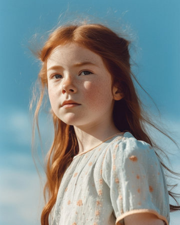Little happy cute girl, smiling little princess enjoying the sun, on the seashore. Summer happiness and joy, vacations that make childhood special. Generative AI.の素材