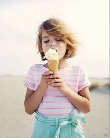 A sweet little child enjoying the summer sun, a delicious dessert, a melting ice cream cone. Summer refreshment and snacks on the beach. Generative AI.の素材