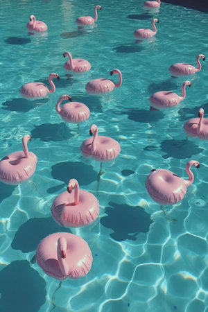 Summer creative concept, a dream trip to a tropical exotic destination and hot summer sun. Inflatable pink flamingos on the surface of the water, at the pool. Generative AI.の素材