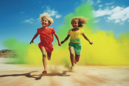 A group of young children, friends that run around and play on summer sunny day on the beach, seashore. Kids on hot sand. Children joy and smiles on vacation. Generative AI.の素材