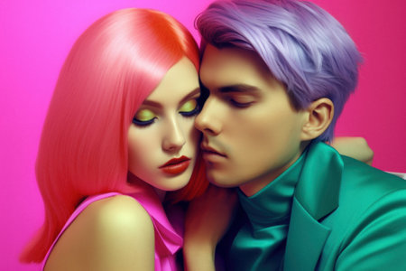 Fashionable fashion couple in love in elegant contemporary styling on vivid background, bright pink and yellow colors. A guy and a girl are posing as models. Generative AI.の素材