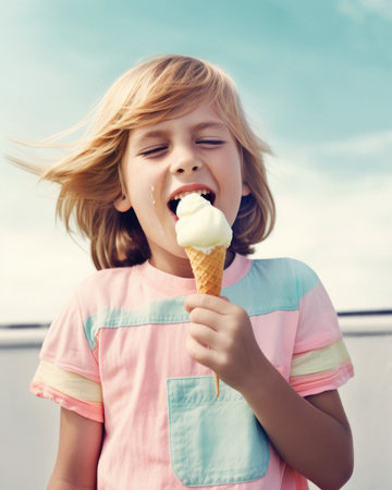 A sweet little child enjoying the summer sun, a delicious dessert, a melting ice cream cone. Summer refreshment and snacks on the beach. Generative AI.の素材