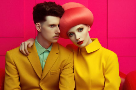Fashionable fashion couple in love in elegant contemporary styling on vivid background, bright pink and yellow colors. A guy and a girl are posing as models. Generative AI.の素材