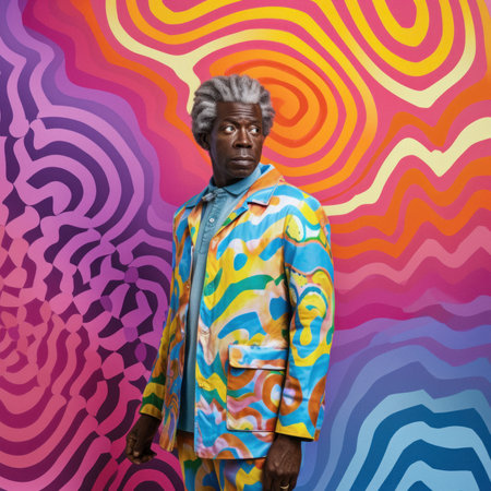 Fashionable hipster fashion grandpa in elegant contemporary styling on vivid background, bright colorful colors. An old man posing as model. Generative AI.の素材
