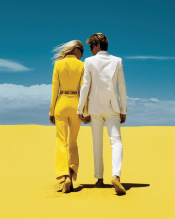 Fashionable fashion couple in love in elegant outfit, striking styling in desert on hot sand on sunny summer day. Generative AI.の素材