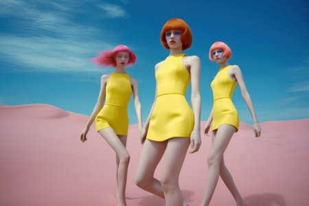 Fashion poster, young retro modern girls in summer dresses walking on the beach, friends on the hot summer sand on a warm sunny day. Generative AI.の素材