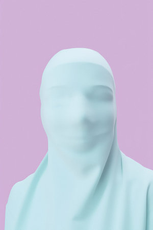 Scary sheet mask with slit for eyes, ghost costume. Minimal portrait, soft pastel colors. Generative AI.の素材