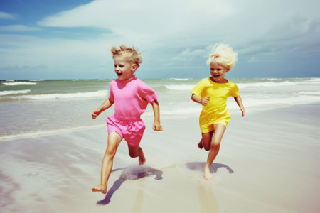 A group of young children, friends that run around and play on summer sunny day on the beach, seashore. Kids on hot sand. Children joy and smiles on vacation. Generative AI.の素材