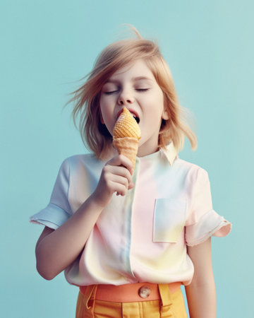 A sweet little child enjoying the summer sun, a delicious dessert, a melting ice cream cone. Summer refreshment and snacks on the beach. Generative AI.の素材