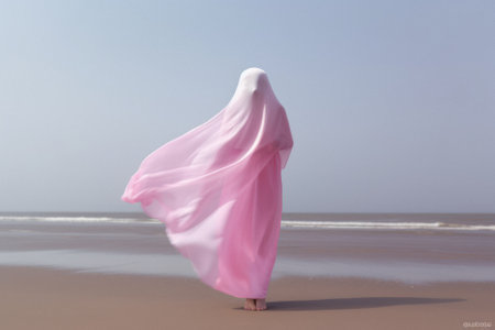 Elegant girl with pastel pink silk robe, cloak, scarf on summer landscape, desert with hot sand on sunny day. Generative AI.の素材