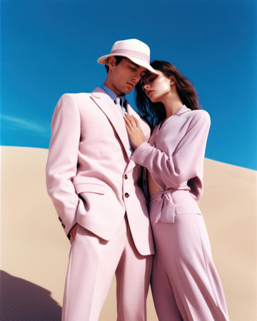 Fashionable fashion couple in love in elegant outfit, striking styling in desert on hot sand on sunny summer day. Generative AI.の素材
