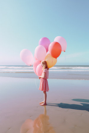 Summer landscape, summer sunny day on the beach, on the seashore. Girls on hot sand and helium balloons in the air. Generative AI.の素材