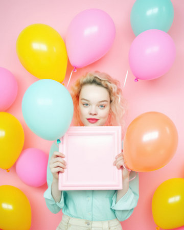 Beautiful girl who is happy and excited with bunch of helium balloons, colorful, surprise party on pastel pink background. Generative AI.の素材