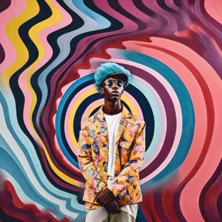 Fashionable hipster fashion man in elegant contemporary styling on vivid background, bright psychedelic colorful colors. A guy posing as model. Generative AI.の素材