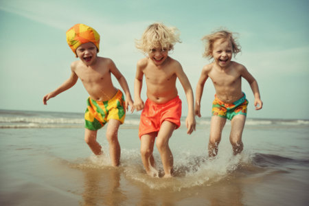 A group of young children, friends that run around and play on summer sunny day on the beach, seashore. Kids on hot sand. Children joy and smiles on vacation. Generative AI.の素材