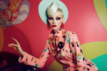 Fashionable hipster fashion girl in elegant contemporary styling on vivid background, bright psychedelic colorful colors. A woman posing as model. Generative AI.の素材
