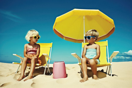 A group of young children, friends that run around and play on summer sunny day on the beach, seashore. Kids on hot sand. Children joy and smiles on vacation. Generative AI.の素材