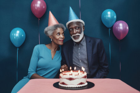 Grandparents organizing a birthday party, elderly people celebrating and having fun with birthday cake, balloons and confetti. Generative AI.の素材