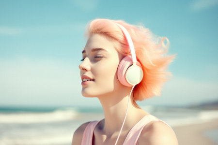Young active girl jogging and doing activities on the beach with music with headphones on her ears. A warm sunny day on the beach, on the seashore. Generative AI.の素材