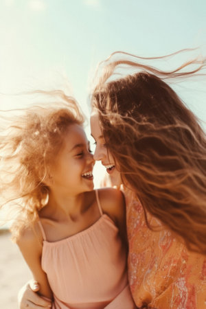 A young beautiful mother enjoying with her sweet daughter on the beach, motherly love through kisses and hugs on the hot sand, on the seashore. Family vacation. Generative AI.の素材
