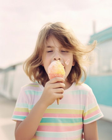A sweet little child enjoying the summer sun, a delicious dessert, a melting ice cream cone. Summer refreshment and snacks on the beach. Generative AI.の素材