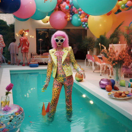 Summer vivid color concept, a young beautiful girl who jumps into the pool during a crazy summer party. Generative AI.の素材