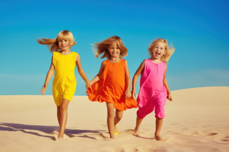 A group of young children, friends that run around and play on summer sunny day on the beach, seashore. Kids on hot sand. Children joy and smiles on vacation. Generative AI.の素材