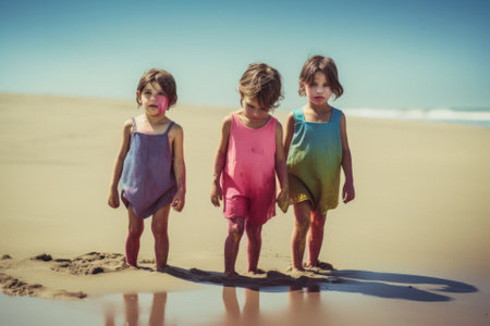 A group of young children, friends that run around and play on summer sunny day on the beach, seashore. Kids on hot sand. Children joy and smiles on vacation. Generative AI.の素材