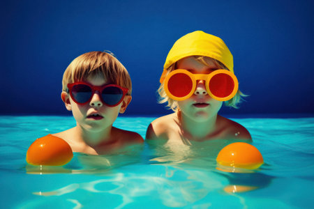 Funny portrait of little kids in summer styling with sunglasses, trendy kids ready for the beach. Modern bright vivid colors. Generative AI.の素材