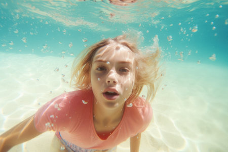 A beautiful young girl enjoying the tropical exotic sea, swimming and diving on the water surface. Underwater portrait, girl on summer vacation. Generative AI.の素材