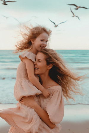 A young beautiful mother enjoying with her sweet daughter on the beach, motherly love through kisses and hugs on the hot sand, on the seashore. Family vacation. Generative AI.の素材