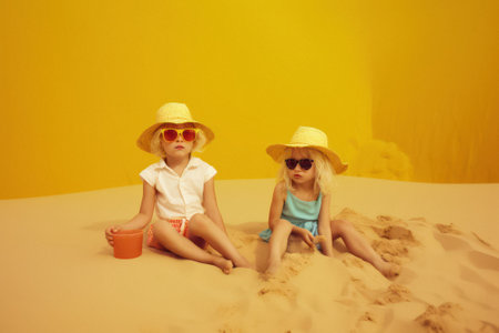 A group of young children, friends that run around and play on summer sunny day on the beach, seashore. Kids on hot sand. Children joy and smiles on vacation. Generative AI.の素材