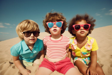 A group of young children, friends that run around and play on summer sunny day on the beach, seashore. Kids on hot sand. Children joy and smiles on vacation. Generative AI.の素材