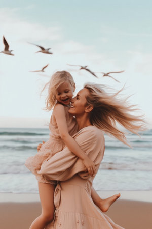 A young beautiful mother enjoying with her sweet daughter on the beach, motherly love through kisses and hugs on the hot sand, on the seashore. Family vacation. Generative AI.の素材